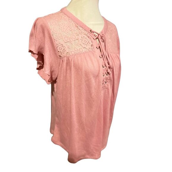 No Boundaries Women's Lace Top Short Sleeve Blouse Casual Shirt Rose Pink Size X - Picture 6 of 13